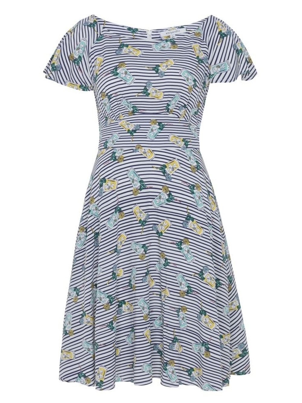Emily And Fin Striped Cuban Cocktail-Print Midi Dress - White & Navy Size 16UK - Picture 2 of 2